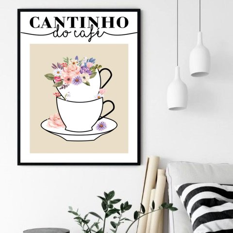 Quadro Decorativo Cantinho Café Flores - 70x50cm:moldura Preta