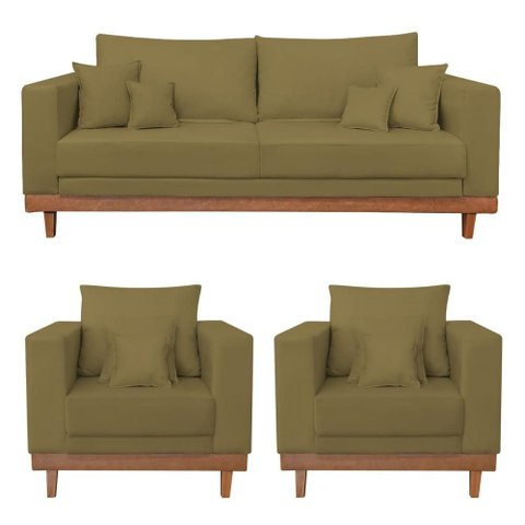 Kit 2 Poltronas Living + Sofá 2 Lugares Base Madeira Suede Cor:capuccino