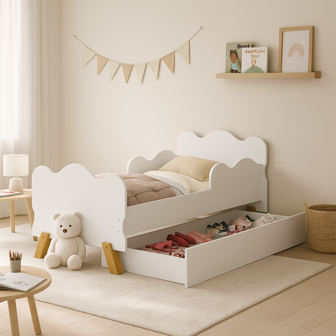 Cama Infantil Angel Branco com Auxiliar Montessoriana Pés de Madeira Proteção Lateral de Mdf