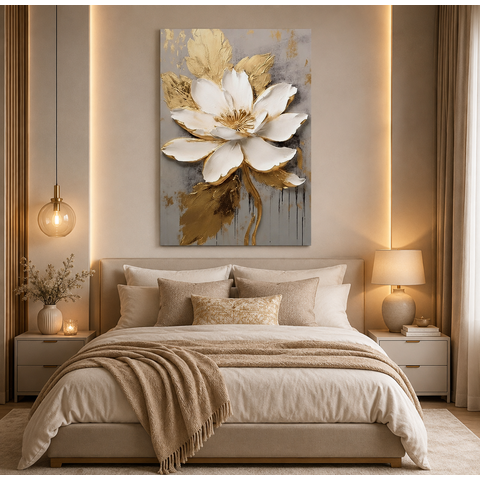 Quadro Decorativo para Sala Quarto Hall 90x130 Flor Dourada Elegante Floral Grande