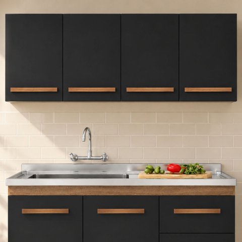 Armário Aéreo Cozinha 120cm 4 Portas Parede Madeira Preto