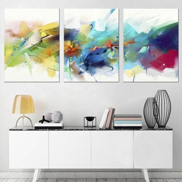 Quadro Abstrato Decorativo Colorido Moderno Sala 3 Peças - 1