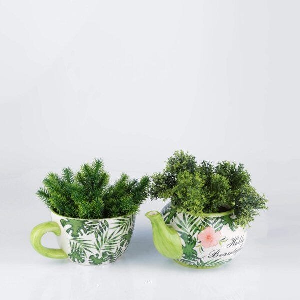 Cachepot Cerâmica Teapot Green Leaves Urban - 4