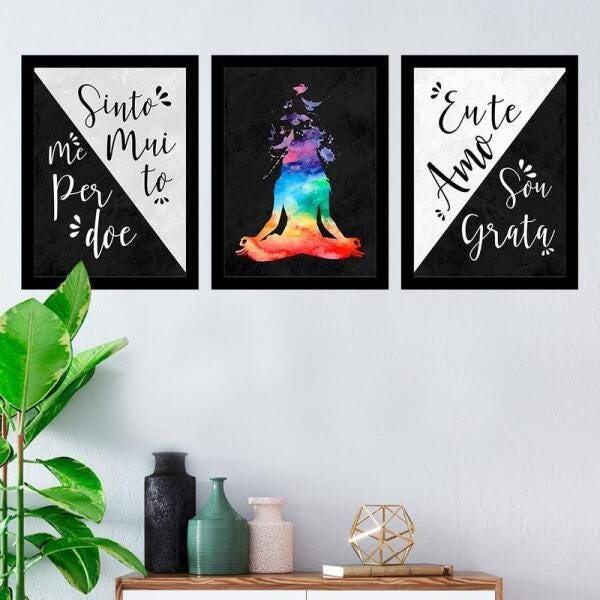 Kit 3 Quadros Decorativo 27X36 Ho'Oponopono Pintura Colorida - 1
