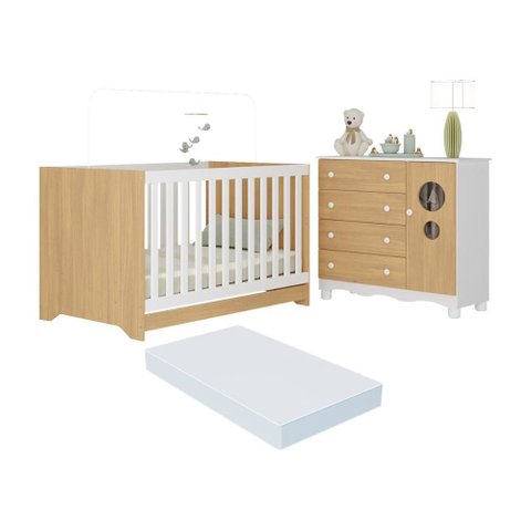 Berço Americano 3 em 1 com Colchão Incluso e Cômoda 1 Porta 4 Gavetas Suspiro Multimóveis Mp4718