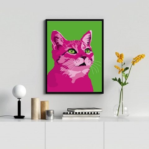 Quadro Decorativo Gato Rosa Pop Art 45x34cm - com Vidro:madeira Branca