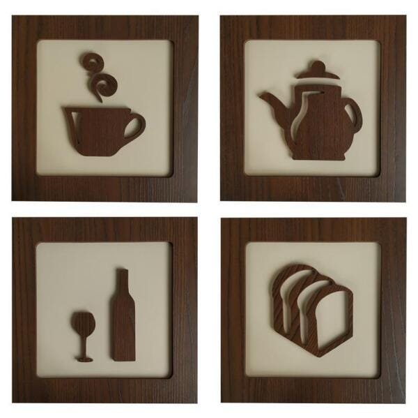 Kit 4 Quadros Decorativos Tema Cozinha Marrom Em Relevo - 1