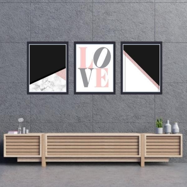 Kit 3 Quadros Com Moldura Love Abstrato Para Quarto Sala - 1