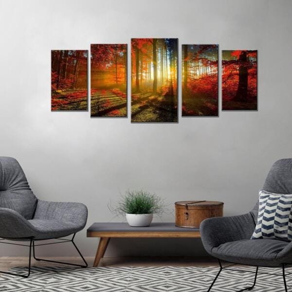 Quadro Decorativo Floresta Laranjada 5 Peças 160X70 - 3