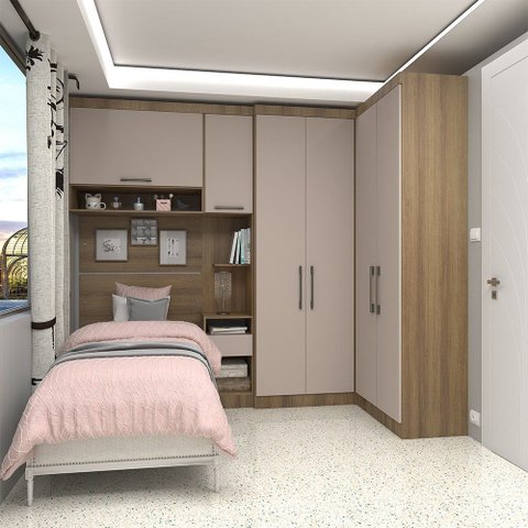 Quarto de Canto Solteiro com Guarda Roupas Cabeceira e Mesa de Cabeceira Paris Luciane Móveis