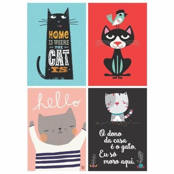 Quadro Decorativo Pet Desenhos de Gatos em Preto e Branco com Moldura Branca  40x60cm