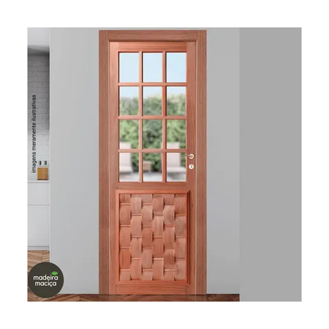 Porta de Madeira Maciça Modelo Couro e Vidro 214 (a) X 87 (l) Montada