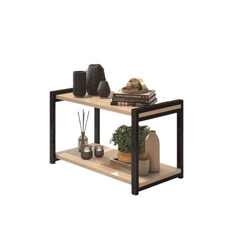 Mesa de Centro Lateral Canto Atenas 2 Prateleiras Mdf Estrutura de Metalon Moderna:preto-off White