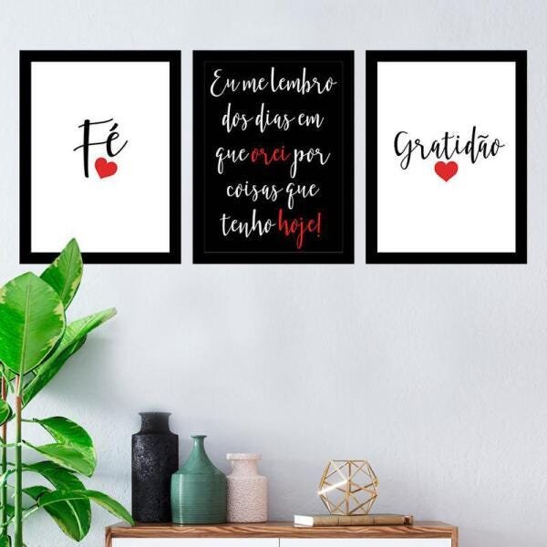 Kit 3 Quadros Decorativos 27X36 Fé Oração Gratidão Vermelho - 1