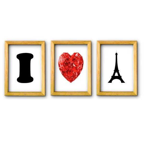 Quadro Conjunto Triplo Eu Amo Paris 33 X 72 Cm - 1