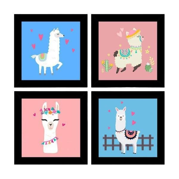 Quadros Decorativos 4 Quadros 19X19Cm Cada Lhamas Cute - 1