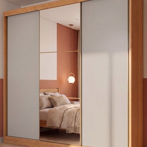 Guarda Roupa Casal 100% MDF 3 Portas de Correr 6 Gavetas com Espelho, Cabideiros 241,2x236,4x55,5cm