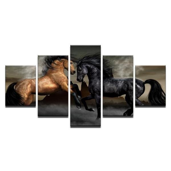 Quadros Decorativos Para Sala 5 Peças Cavalos Brigando Nevoa - 1