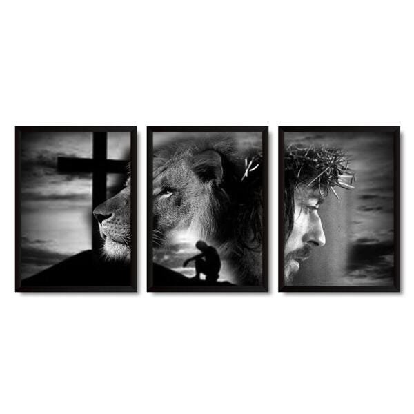 Kit 3 Quadros Leão E Cristo Com Moldura A3 - 32 X 43 Cm - 1