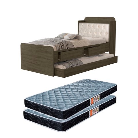 Cama Solteiro Tamires de Mdf com Cabeceira Estofada e Auxiliar + 2 Colchões D20