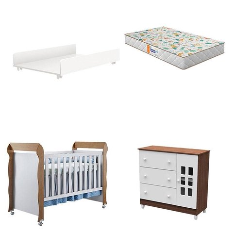 Berço Americano Mirelle Cômoda Mariah 1 Porta Branco Acetinado Amadeirado e Trocador Juju com Colchã