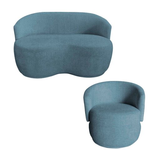 Kit Namoradeira + Poltrona Decorativa Beatriz Orgânica Linho Azul