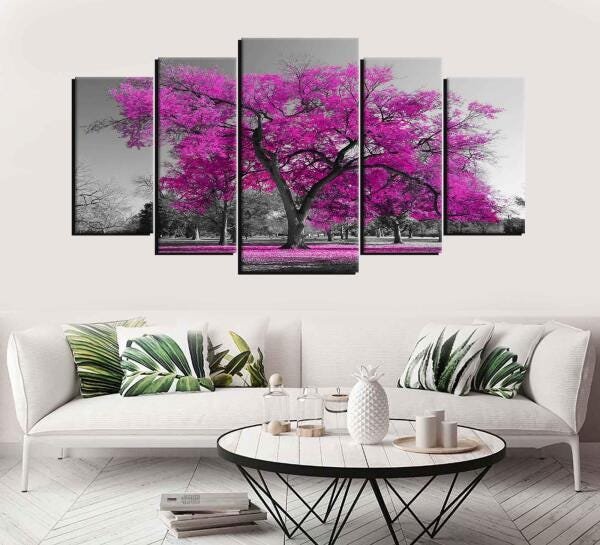 Quadro Decorativo Paisagem Arvore Com Flores Rosas - 1