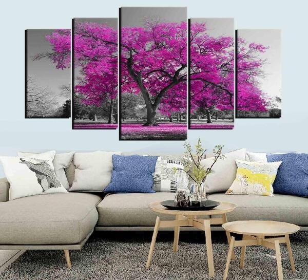 Quadro Decorativo Paisagem Arvore Com Flores Rosas - 3