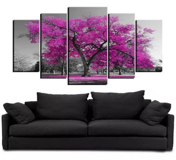 Quadro Decorativo Paisagem Arvore Com Flores Rosas - 2