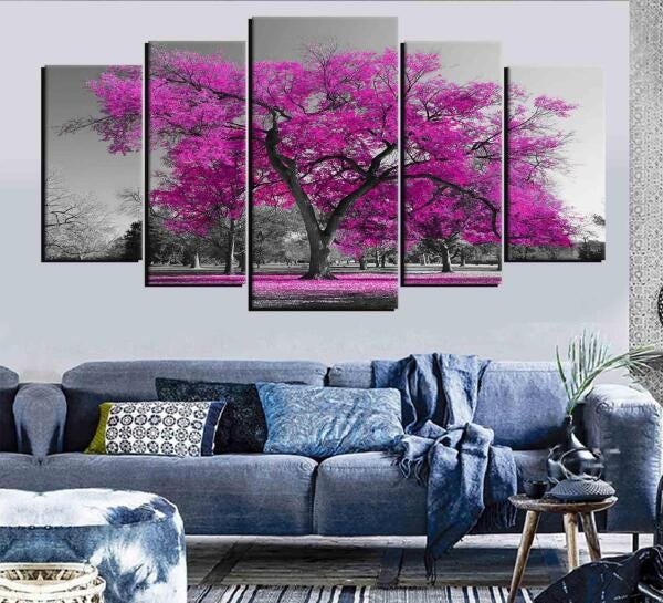 Quadro Decorativo Paisagem Arvore Com Flores Rosas - 4
