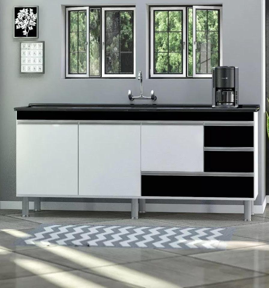 Balcão gabinete para pia de cozinha de 150cm Donatelo Branco e Preto Fosco 100% MDF Rino Móveis Dona - 1