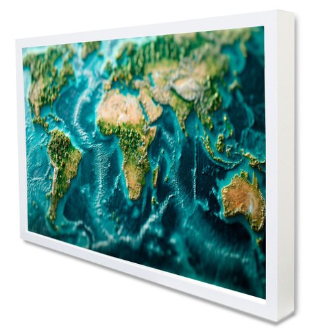 Quadro Decorativo Mapa Planeta Terra em Moldura Caixa Tacolado Moldura Caixa 3cm Branca com Vidro 20