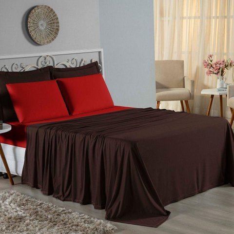Jogo de Cama Casal Viúva Nobre 4 Peças Malha 100% Algodão - Marrom / Vermelho