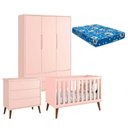 Ver imagem 1 de Quarto de Bebê Theo 3 Portas com Colchão e Cômoda Gaveteiro Rosa Pés Amadeirados - Reller