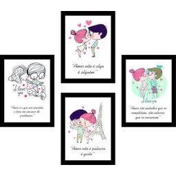 Kit 4 Quadros com Moldura Frases Amor Namorados - 1