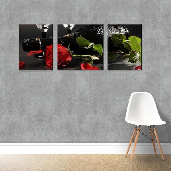 Quadro Decorativo Flor Rosa E Vinho 3 Peças Para Sala Estar - 4