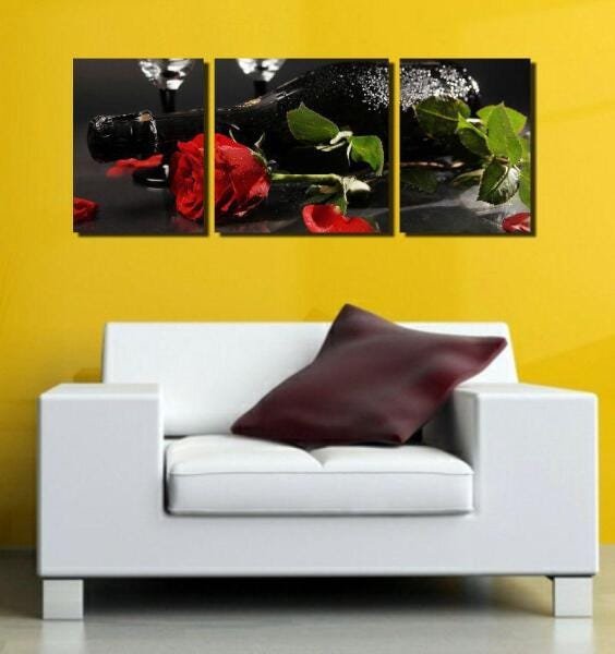 Quadro Decorativo Flor Rosa E Vinho 3 Peças Para Sala Estar - 2