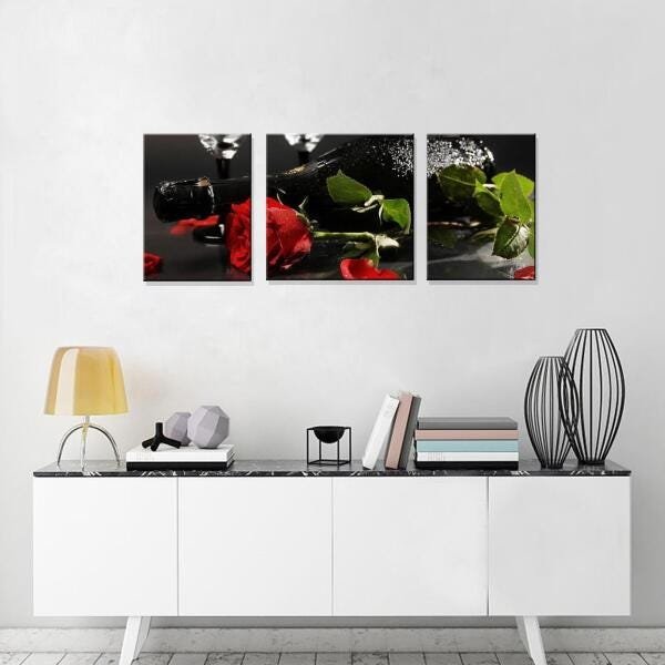 Quadro Decorativo Flor Rosa E Vinho 3 Peças Para Sala Estar - 3