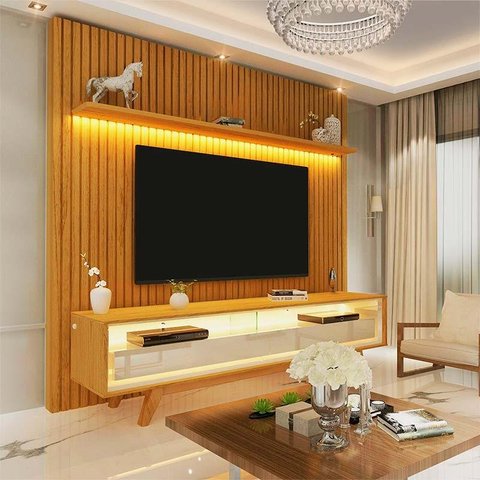 Rack Requinte 172cm Pés Madeira com Painel Ripado Nobre TV 75 Polegadas Com LED Gelius Naturale/Off