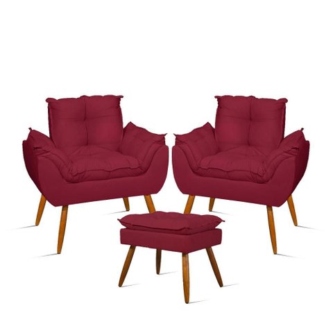 Kit Luxo 02 Poltronas Amamentação Suede + 1 Puff Pés Palito Cor:marsala
