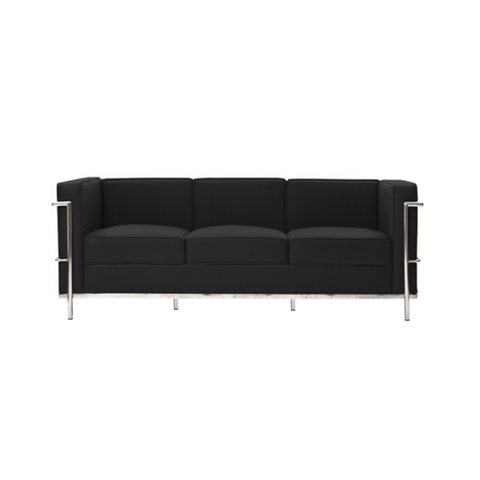 Sofa Le Corbusier 3 Lugares Cromado em Couro Natural Preto