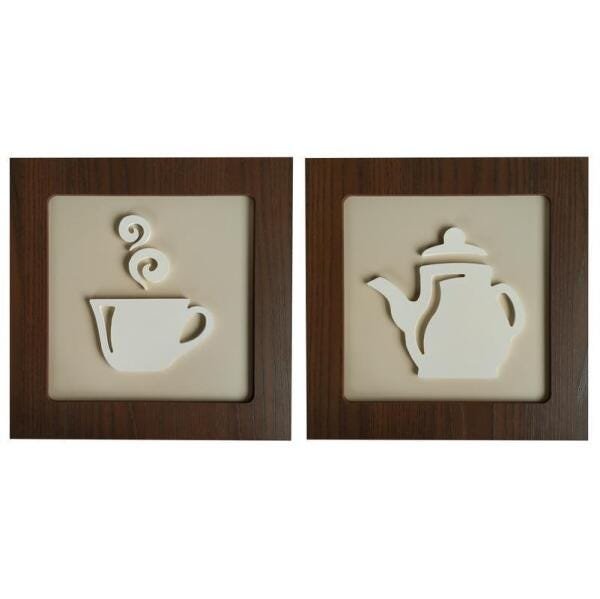 Kit 2 Quadros Decorativos Xícara E Bule Marrom E Branco - 1