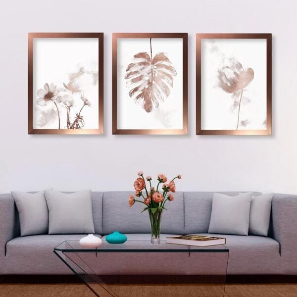 Kit 3 Quadros Decorativos Arte Floral Neutra - 2