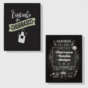 Kit 2 Quadros Cantinho Churrasco 45x34cm:Madeira branca