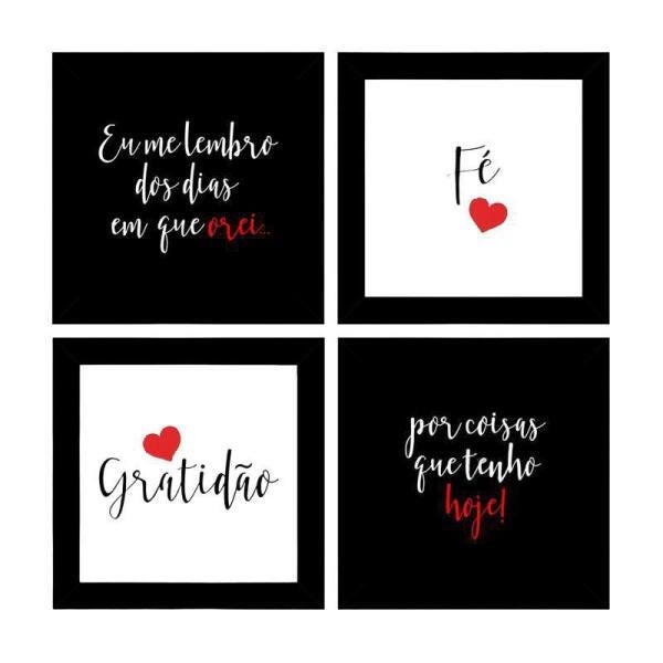 Quadros Decorativos 4 Quadros 19 X19 Cm Fé Gratidão Vermelho - 1