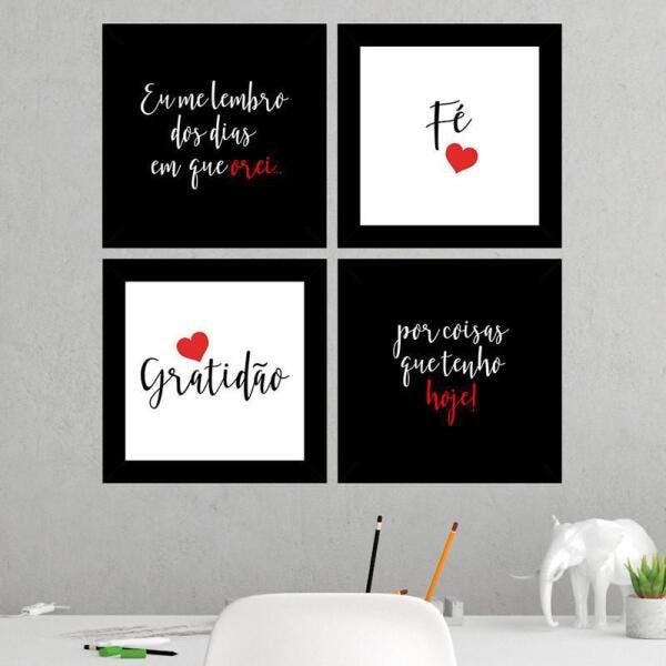 Quadros Decorativos 4 Quadros 19 X19 Cm Fé Gratidão Vermelho - 2