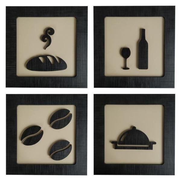 Kit 4 Quadros Decorativos Tema Jantar Preto Em Relevo - 1