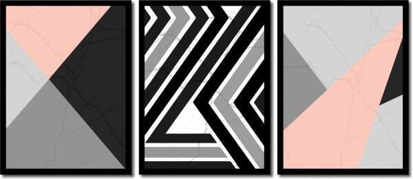 Kit 3 Quadros Geométrico Minimalista Preto E Rosa 45X60Cm - 1