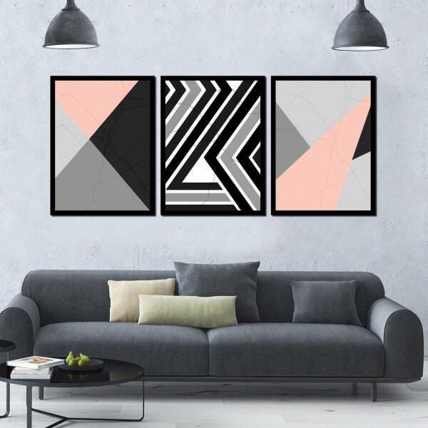 Kit 3 Quadros Geométrico Minimalista Preto E Rosa 45X60Cm - 5