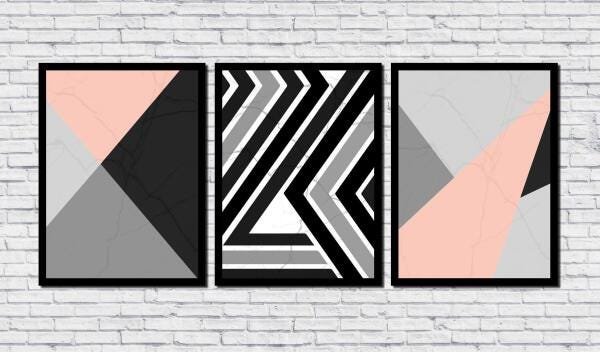 Kit 3 Quadros Geométrico Minimalista Preto E Rosa 45X60Cm - 2